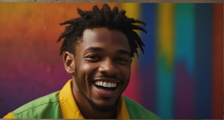 young jamaican man on plain bright colorful background laughing hysterically looking at camera background banner template ad marketing concept from Generative AI - obrazy, fototapety, plakaty