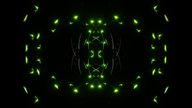 Green Mayan fractal or kaleidoscope appears and disappears with bright lights VJ loop 3d render. Abstract pattern for music show, disco, night club, dance festival at noisy party