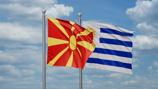 Uruguay and Macedonia two flags waving together, looped video, two country cooperation concept