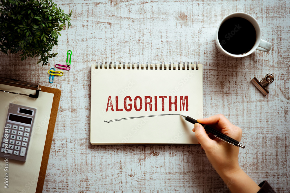Poster there is notebook with the word algorithm. it is as an eye-catching image.