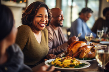 Family sharing laughter and joy around a festive Thanksgiving turkey at the dinner table