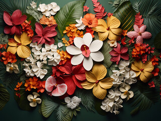 A vibrant display of tropical flowers arranged flatly, conveying a connection to nature