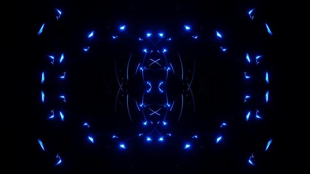 Blue Mayan fractal or kaleidoscope appears and disappears with bright lights VJ loop 3d render. Abstract pattern for music show, disco, night club, dance festival at noisy party