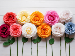 Delicate crepe paper flowers showcased against a white wooden background