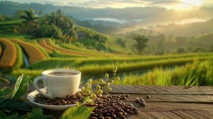 Warm coffee by the rice fields in the morning. Aesthetic warm coffee to start the morning. A beautiful portrait of a cup of coffee in a rice field in the morning.