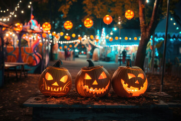 Illuminated jack-o'-lanterns at a festive Halloween fairground with bright, cheerful lights