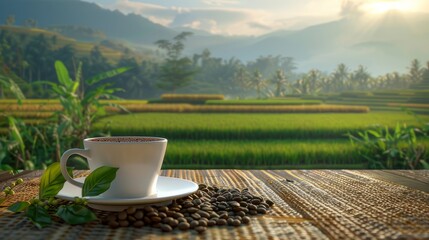 A photograph art with the object of a cup of coffee in the morning with coffee beans and rice fields as the background.