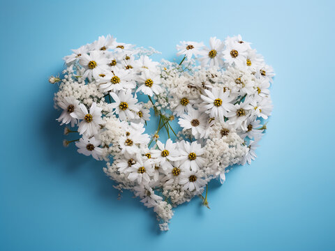Minimalistic image of a white heart with wildflowers against a blue background