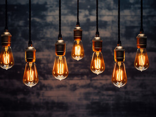 Filament light bulbs in an antique Edison style illuminate the forest - obrazy, fototapety, plakaty