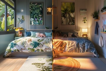 Explore the inner view of a children's bedroom's transformation, split-screen, shifting from playful jungle-themed to sleek minimalist, from day to night. - obrazy, fototapety, plakaty