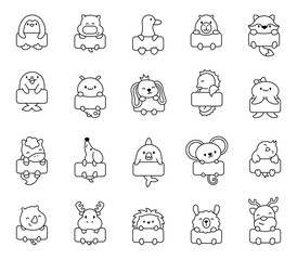 Cute kawaii animal with blank web banner template. Coloring Page. Funny cartoon characters with frame. Hand drawn style. Vector drawing. Collection of design elements.