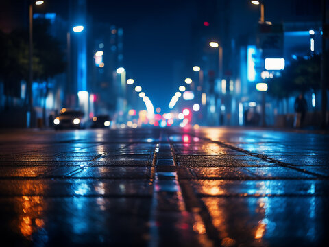 Nighttime street scene rendered in a defocused blue hue