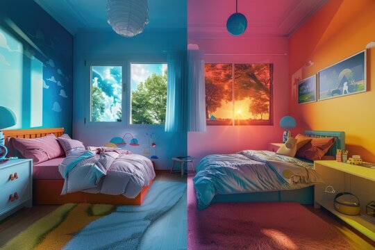 Observe a kids' bedroom's metamorphosis from vintage retro to futuristic sleek in split-screen, day to night.