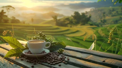 Foto op Canvas A cup of coffee in the middle of a rice field in Southeast Asia. A cup of coffee next to a rice field in Southeast Asia. Coffee in a rice field hut. © an