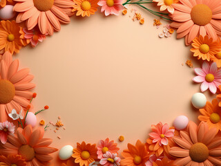 Gerbera flowers, confetti, and marzipan Easter eggs create a top view frame on orange paper