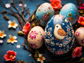 Fototapeta premium Easter egg adorned with floral and chick ornaments rests on rustic background amidst flowers