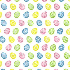 Fototapeta na wymiar Seamless pastel pattern. Colored funny and beautiful holiday Easter eggs. Pattern on a white background. Folk ornament. Yellow, blue, pink, green egg colors with white details.