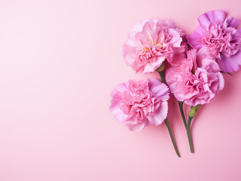 Pink background adorned with dry pink carnation flowers, offering space for text