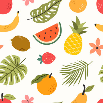 Seamless summer pattern with fruits and tropical leaves