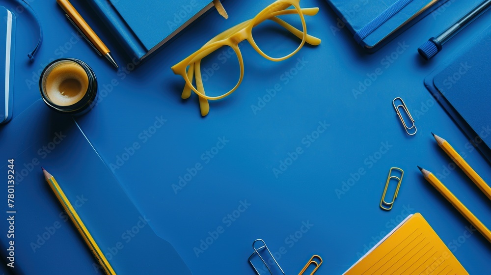 Poster flat lay and top view stationery on blue background. copy space.