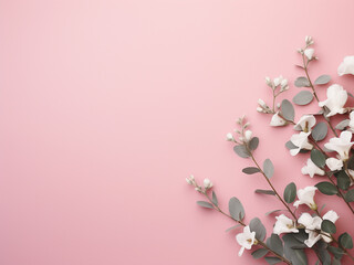 Eucalyptus branches and white freesia flowers adorn a pink background, flat lay style