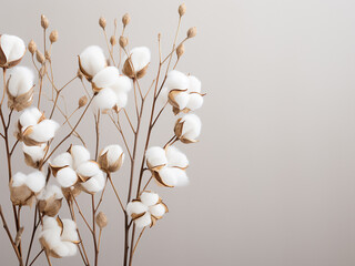 Autumn vibes Eucalyptus, cotton, and dried leaves on gray backdrop