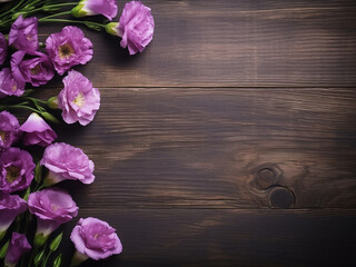 Eustoma flowers add elegance to the old wooden background, leaving room for text