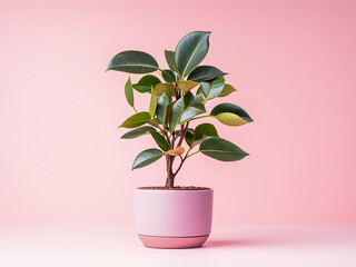 Obraz premium Copy space is available on a pink background adorned with ficus leaves in a pot