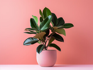 Ficus tree in a pot stands against a white brick wall background, illustrating home gardening