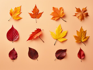 Border made of colorful autumn leaves arranged flat on a colored background