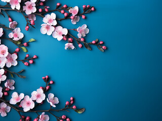 Illustration of fresh spring flowers on a pastel blue background, AI-created