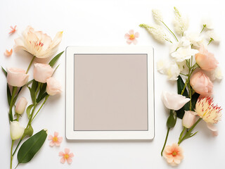 Wildflowers adorn a tablet computer's blank screen in a top-down view against a white background