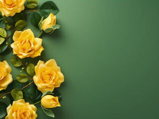 Minimalistic and fresh, a web banner presents yellow roses and leaves on a green table background