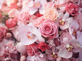 Bouquet of light pink peonies in a vase contrasts against a dark background