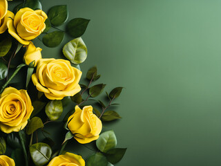 A minimalistic floral arrangement web banner features yellow roses and leaves on a green table