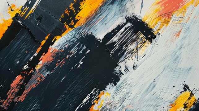 The canvas is filled with abstract oil paint strokes in black, yellow and white.