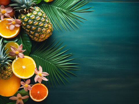 Vivid tropical workspace with ample supplies and fresh fruits
