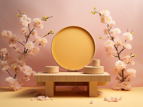 Hyperrealistic yellow wooden podium adorned with sakura flowers in a photo studio