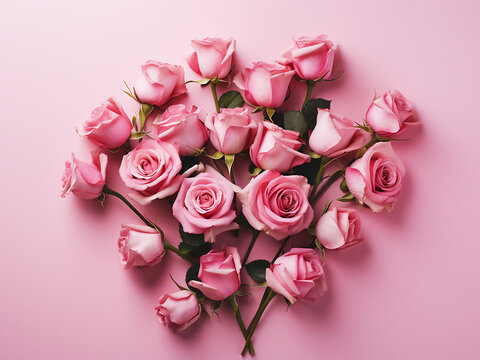 Pink roses and flower buds are arranged in a flatlay floral arrangement against a pink backdrop