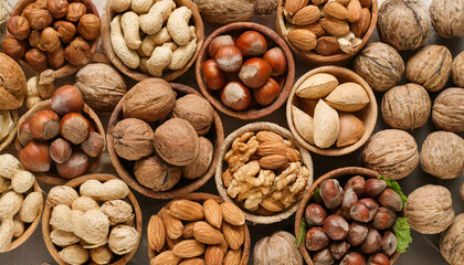 Different nuts on whole background, top view