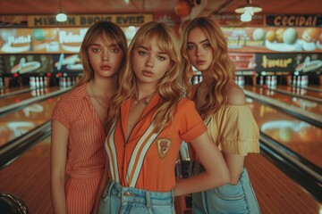 Stylish young women at retro bowling alley