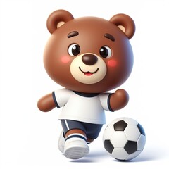 Cute character 3D image of a  brown bear with simple football clothes playing a ball, funny, happy, smile, white background