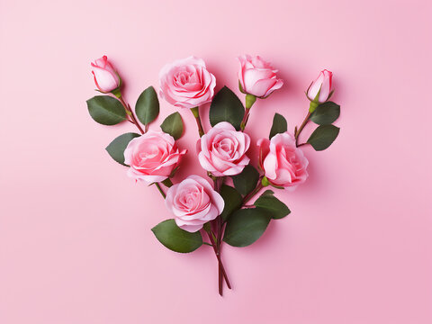 Pink rose flower buds create a captivating flat lay composition on a pink background