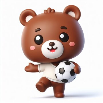 Cute character 3D image of a  brown bear with simple football clothes playing a ball, funny, happy, smile, white background