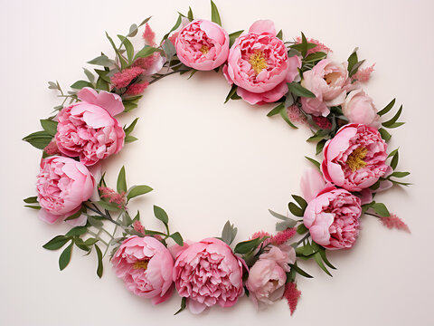 Pink peonies and eucalyptus create a floral frame on a white canvas