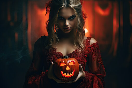 Mysterious Woman Holding a Carved Pumpkin in a Haunting Halloween Scene