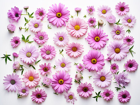 A styled stock photo showcases pink daisies and purple alfalfa flowers