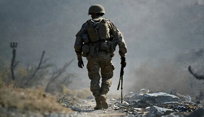 Fototapeta premium Soldier alone exhausted and injured walking