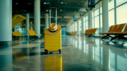 Solo Travel Adventure Begins - Stylish Hat Resting on Vibrant Yellow Suitcase at Airport - obrazy, fototapety, plakaty