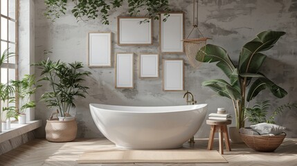 Fototapeta na wymiar Modern urban jungle bathroom featuring a white freestanding tub, lush houseplants, and a gallery wall of blank frames, with natural sunlight.